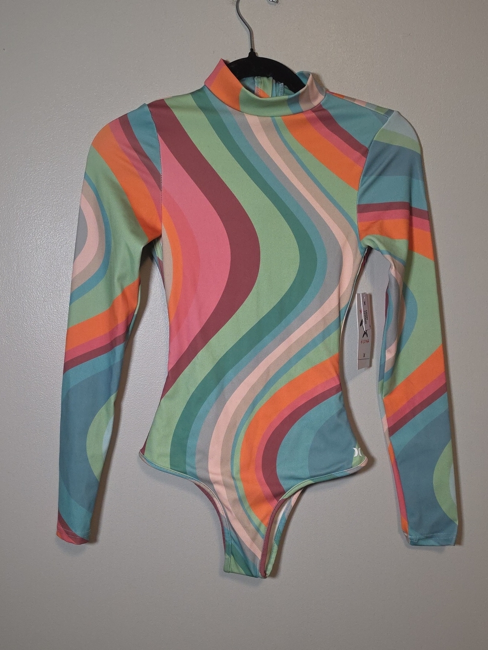 Hurley NWT Long-Sleeve One-Piece Swimsuit in Mint, Pink, Orange and Blue